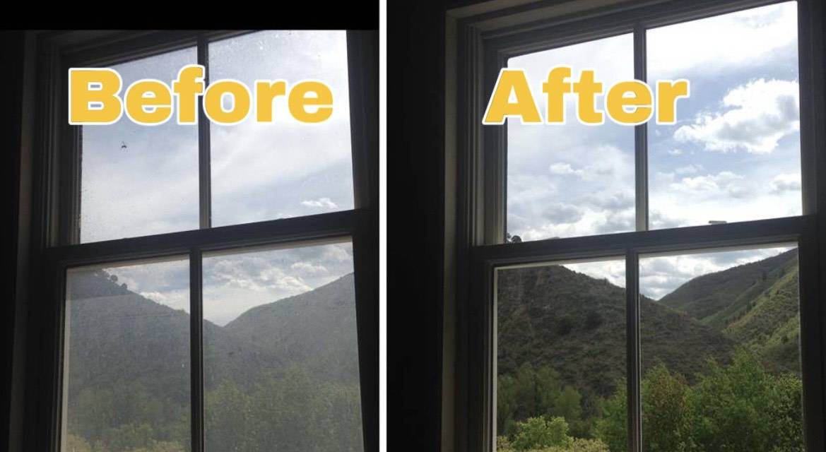 Cabin window before and after results from window cleaning Sevier County services