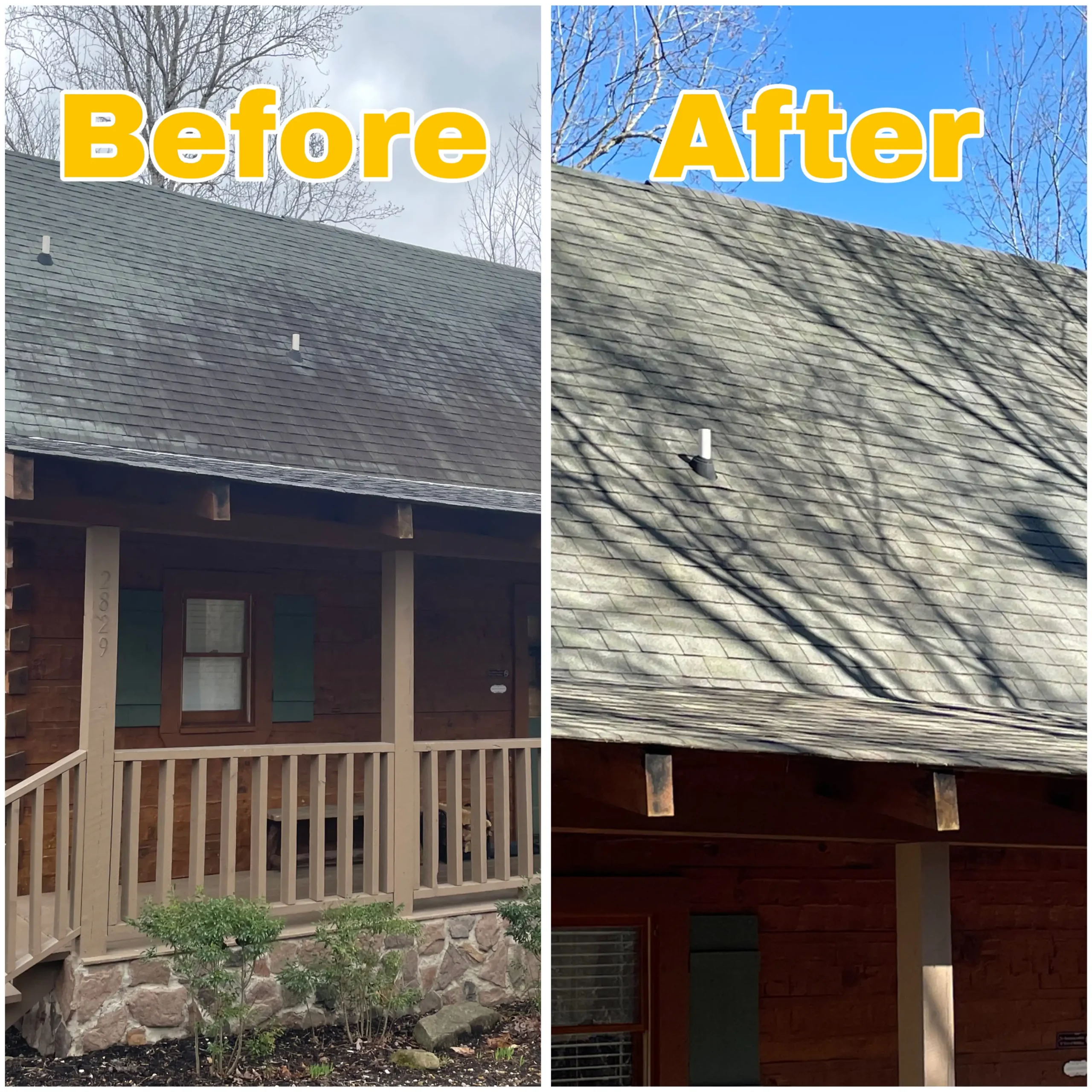 Before and after roof washing at a cabin in the Smoky Mountains — showing heavy black streaks removed to reveal a clean, restored shingle roof.