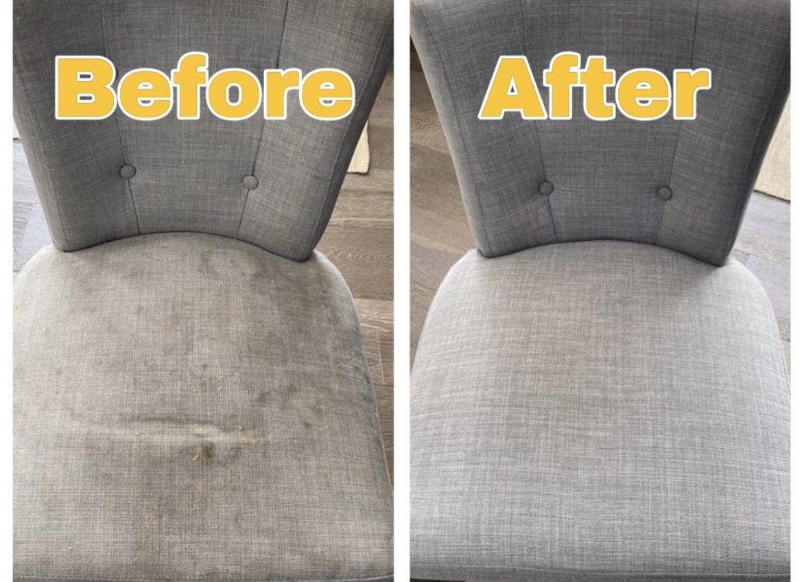 Before and after results of professional upholstery cleaning services on a dining room chair