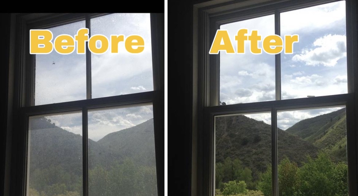 Cabin window before and after results from window cleaning Sevier County services