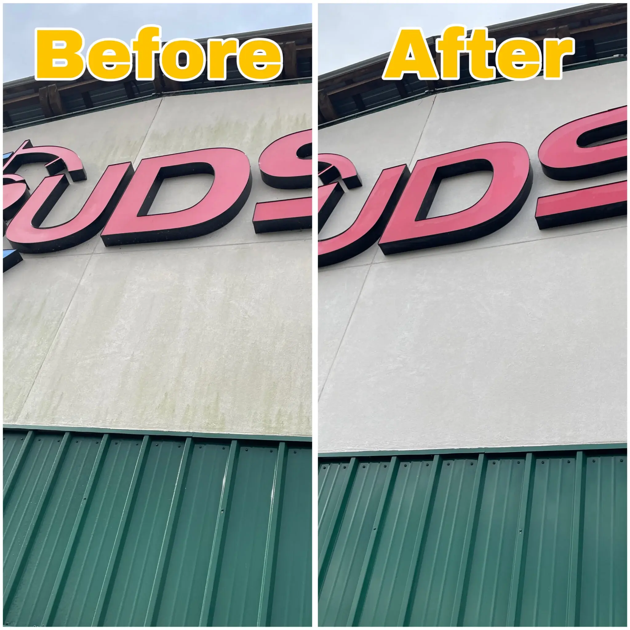 Before and after image showing Knoxville house washing results on commercial building siding.