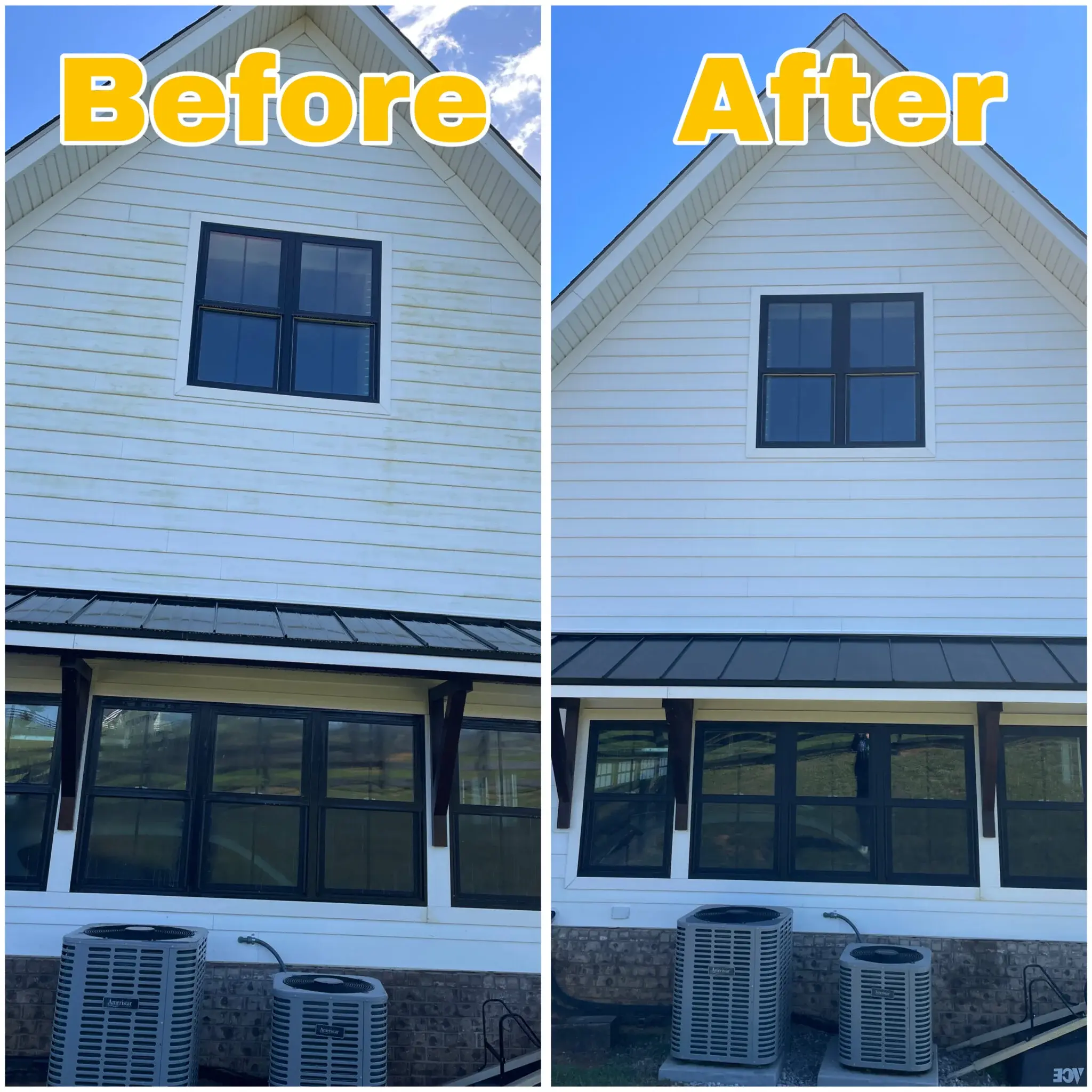 Before and after house washing in Knoxville TN showing dirt, algae, and mildew removal from residential vinyl siding.
