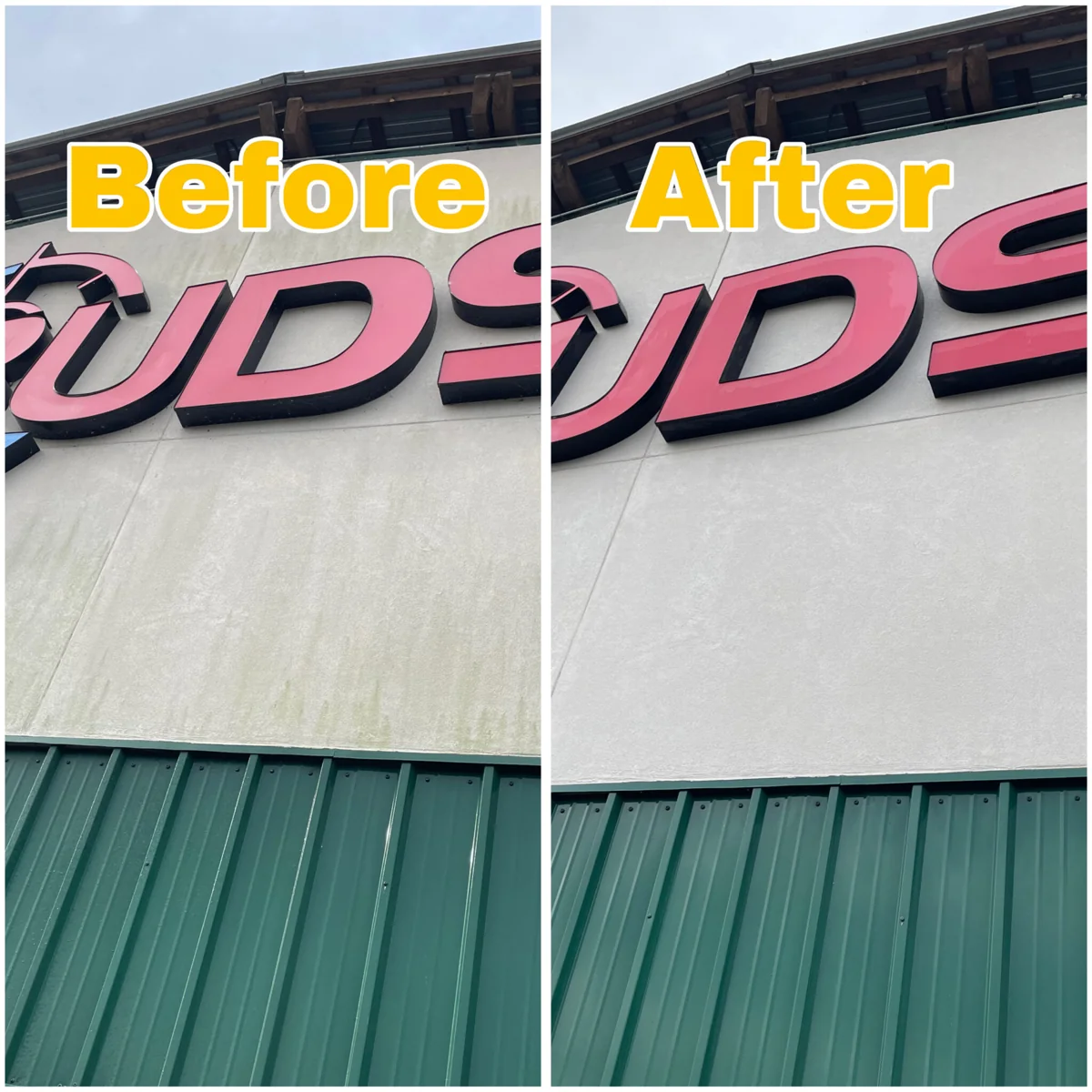 Before and after commercial pressure washing of a storefront wall in Sevierville TN, showing removal of algae and dirt for a clean, professional look.