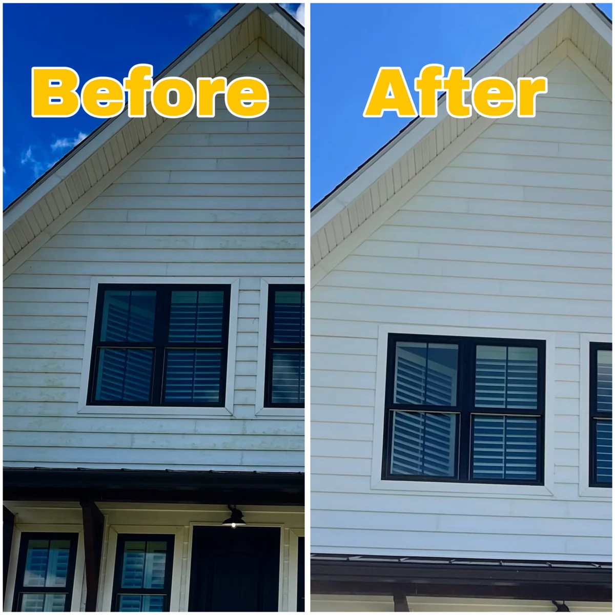 Before and after residential soft washing in Sevierville TN, showing removal of algae and grime from house siding for a refreshed, clean appearance.