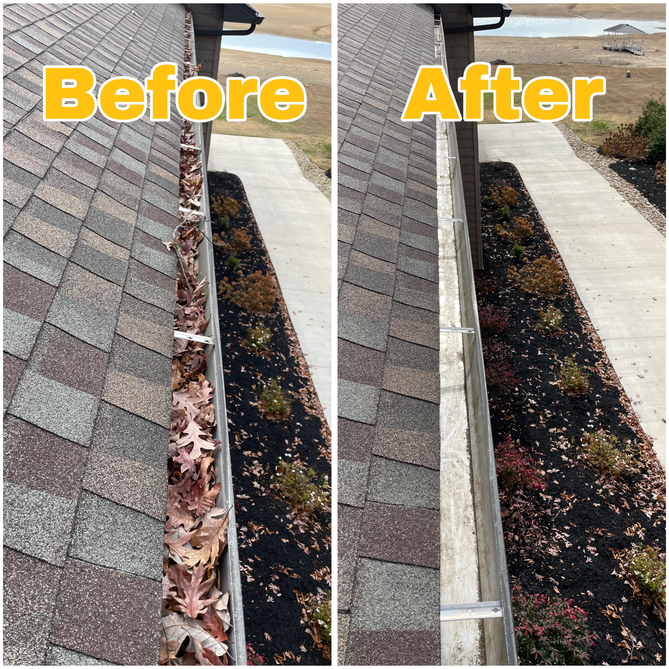 Full-service gutter and downspout cleaning near me – before and after image of clogged gutters on brown shingle roof