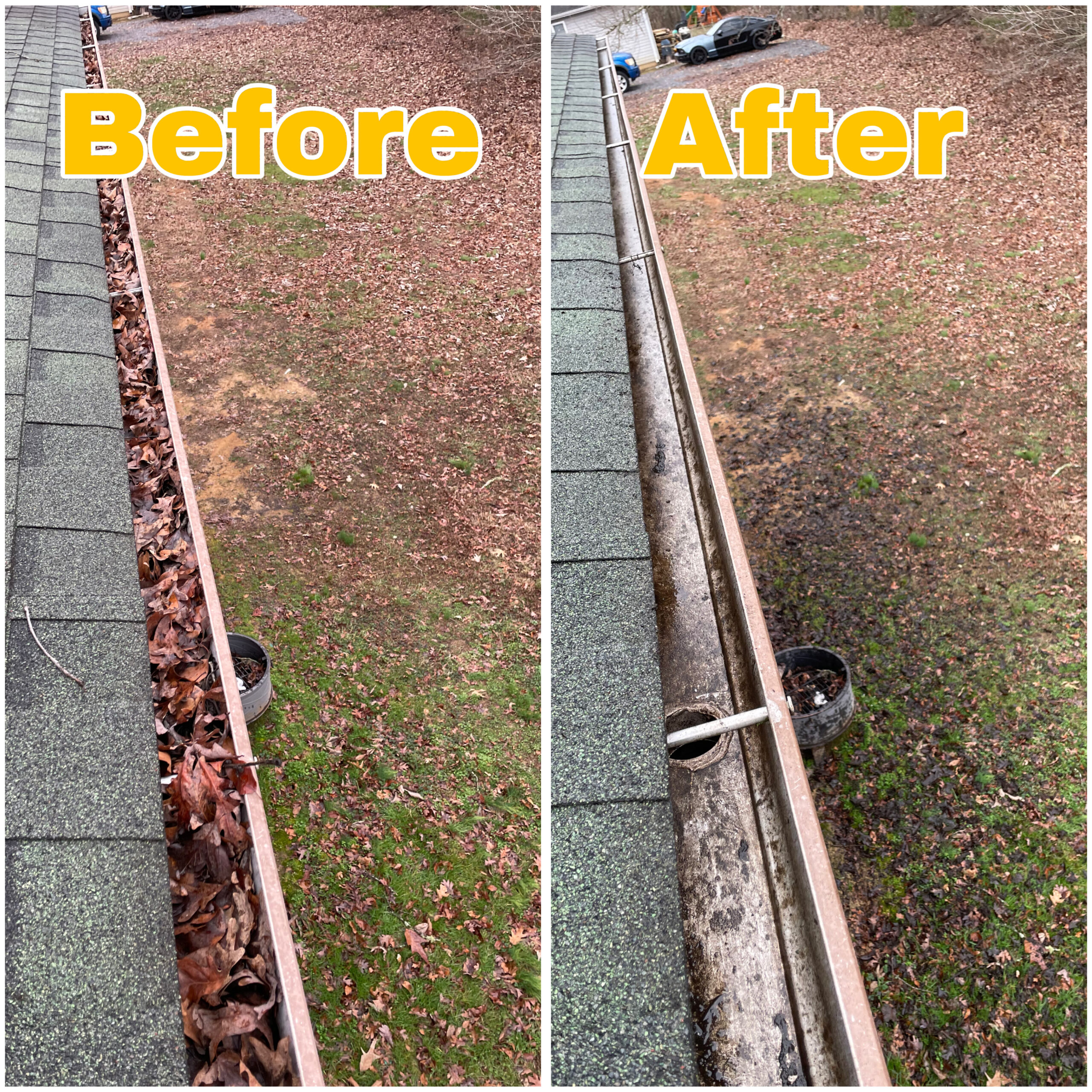 Professional gutter cleaning services removing heavy leaf buildup on residential roof