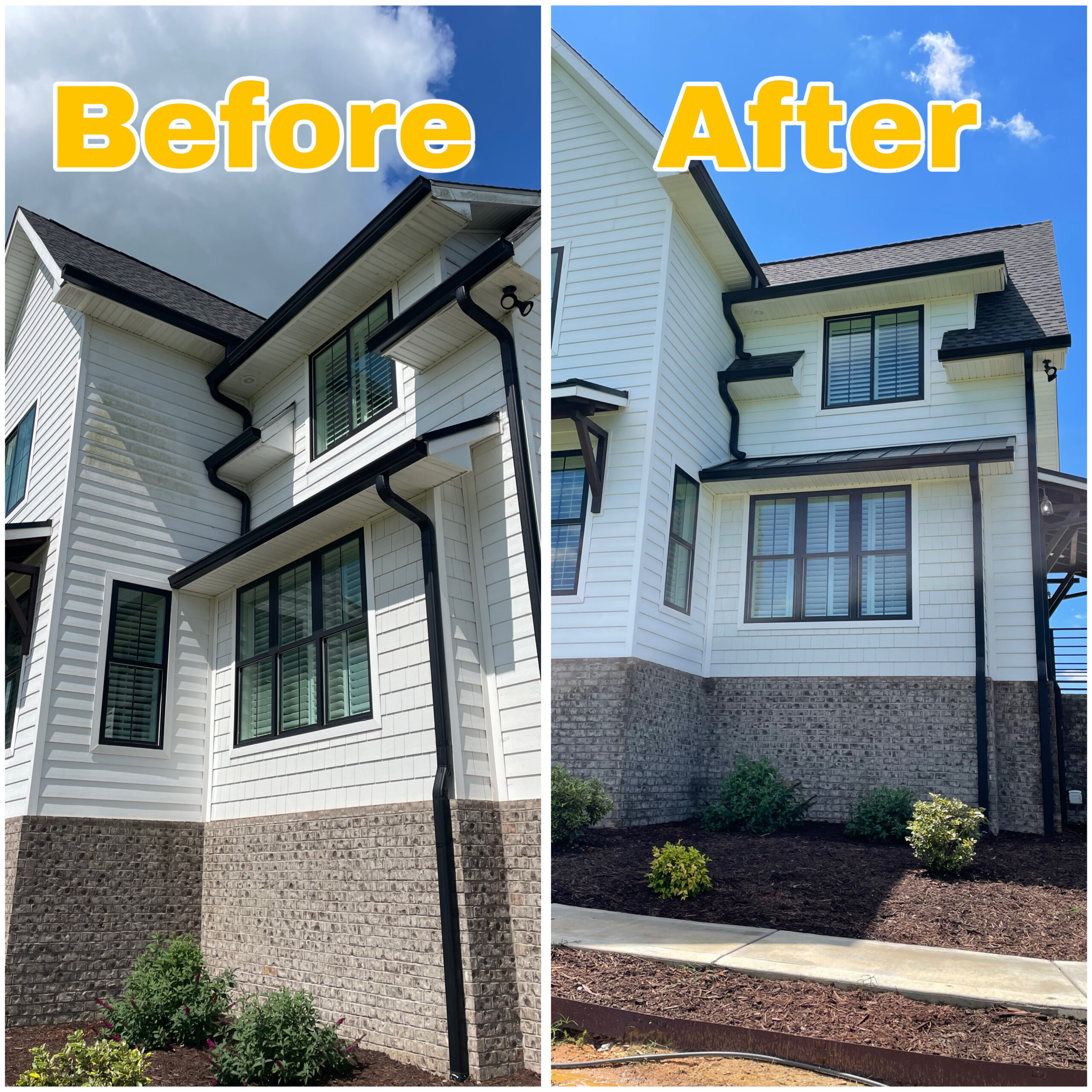 Residential soft washing service removing dirt and mildew from siding.