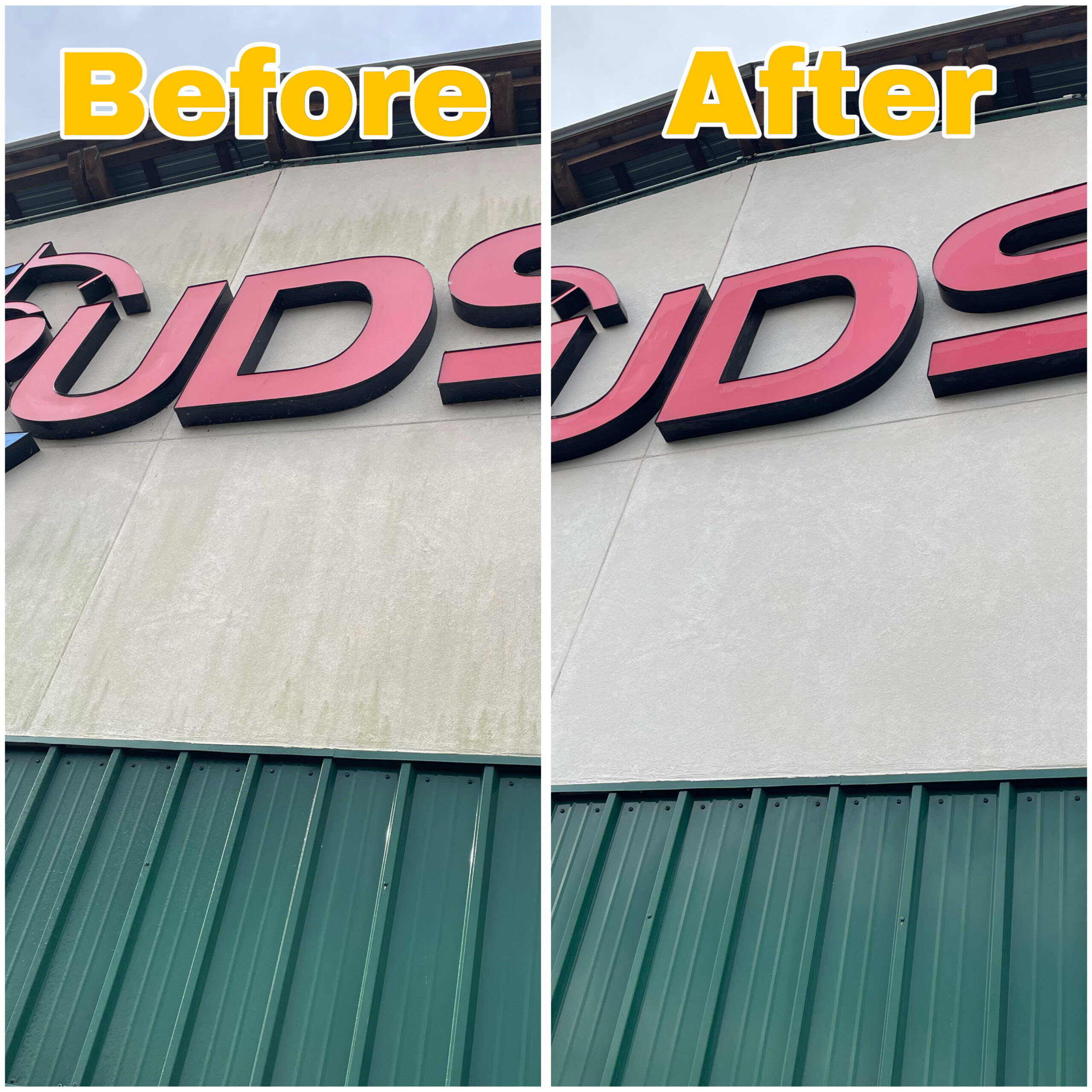 Green mildew being soft washed off tan siding.