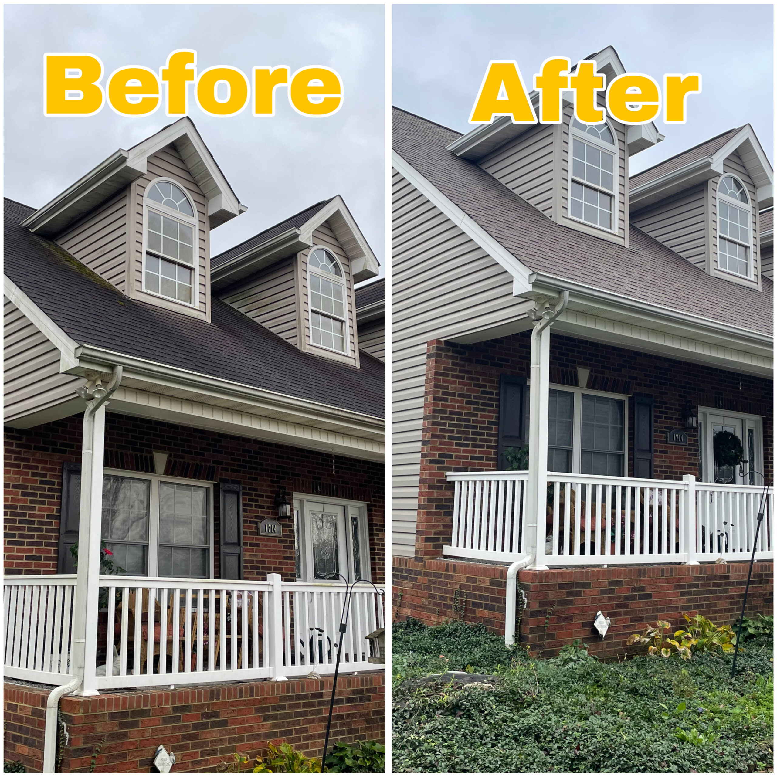 Gentle shingle roof soft washing on a Sevierville house — safe for wood and asphalt roofs