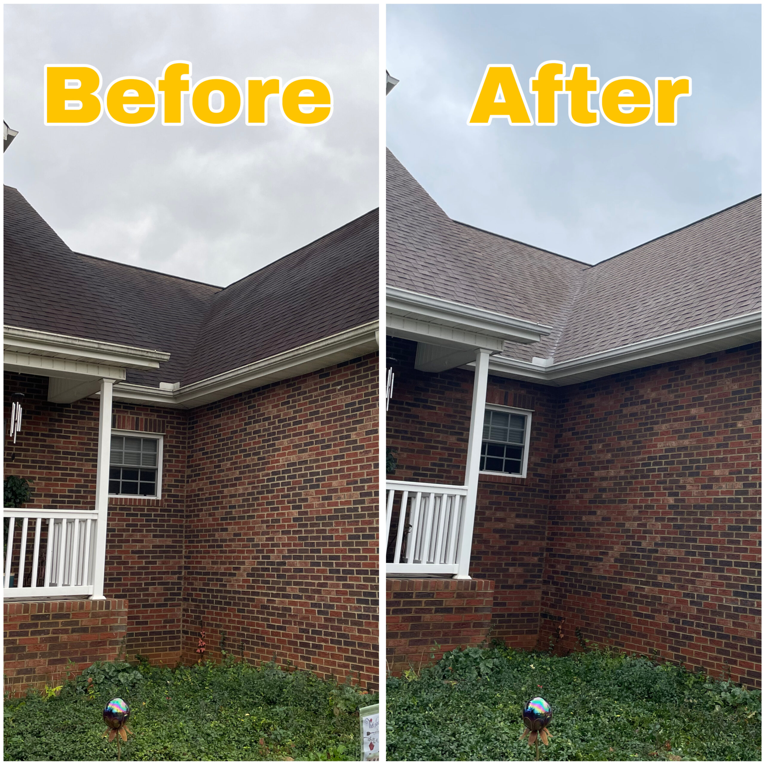 Before-and-after view of shingle roof washing showing removal of mildew and surface buildup.