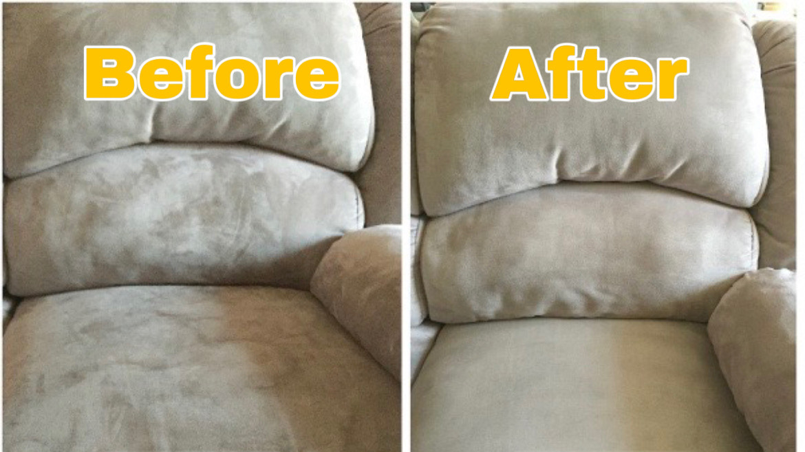 Professional upholstery cleaning technician restoring freshness and removing stains from fabric sofa with low-moisture method.