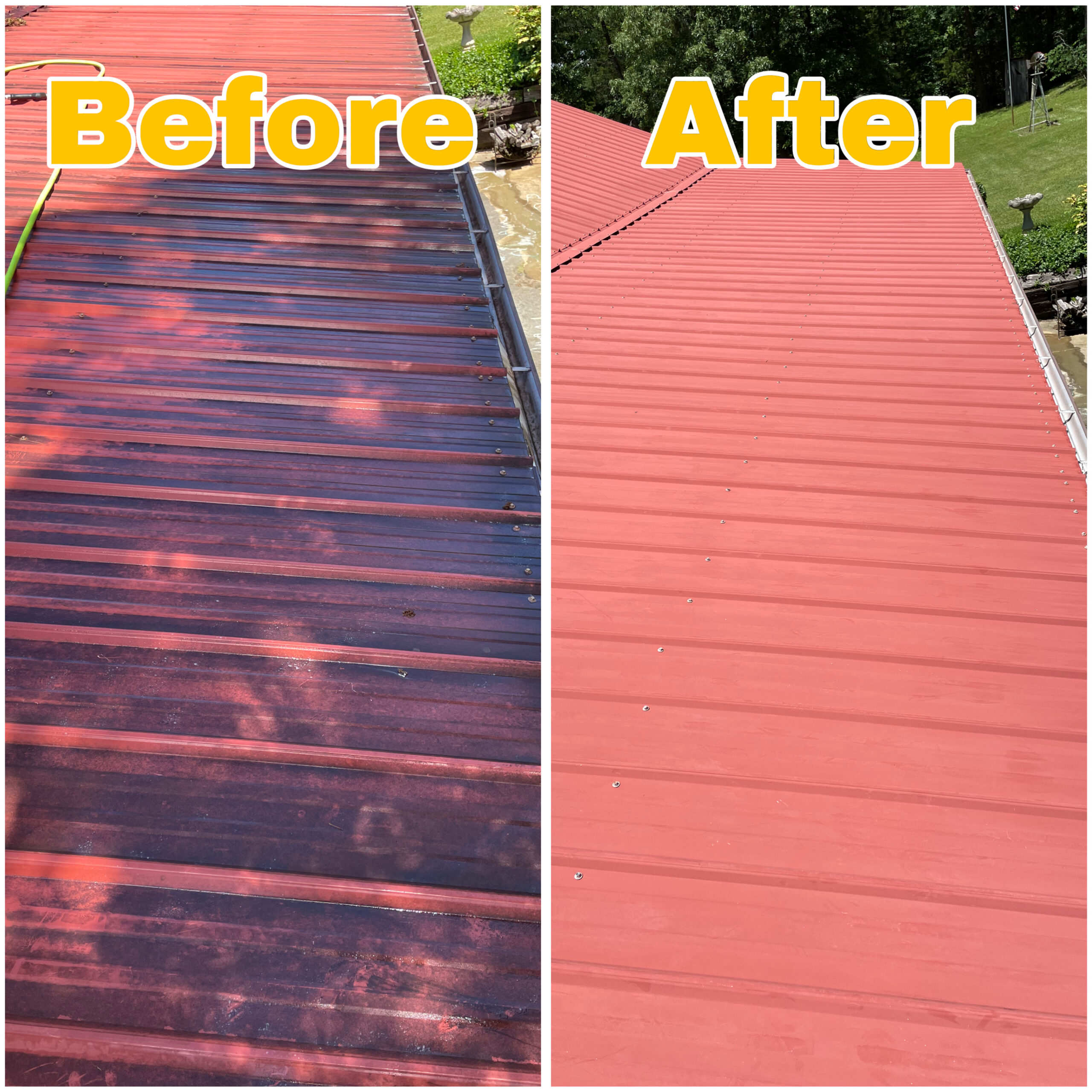 Metal roof cleaning in Sevierville, TN using low-pressure soft wash to preserve paint and finish