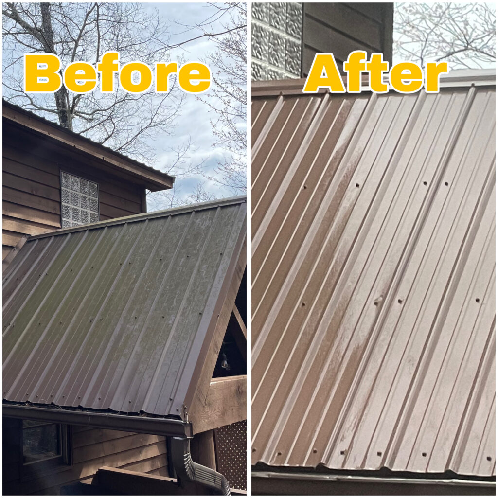 Metal cabin roof being washed with gentle low-pressure rinse to remove oxidation and grime.