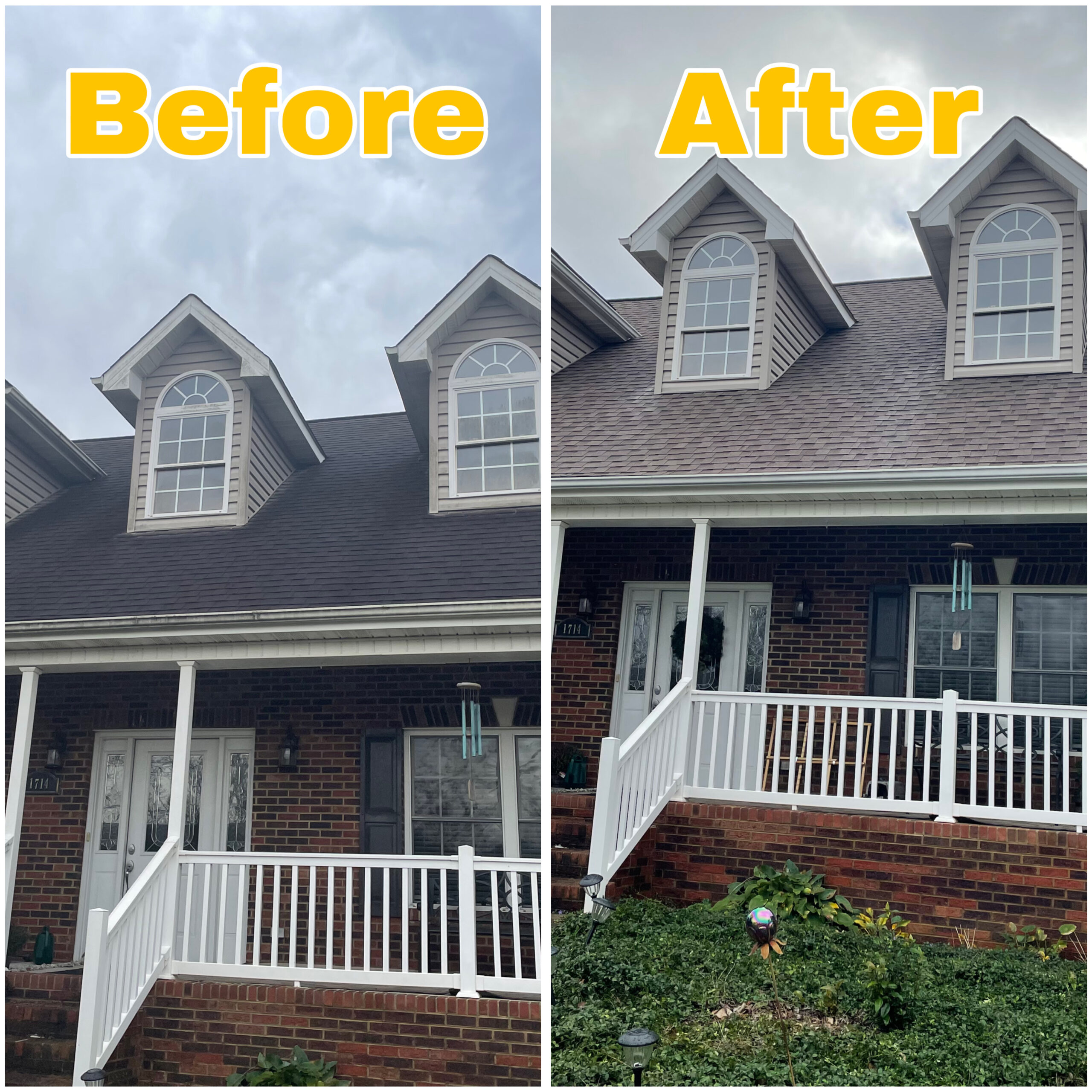 Professional roof washing technician cleaning asphalt shingles on a residential home using low-pressure soft wash.