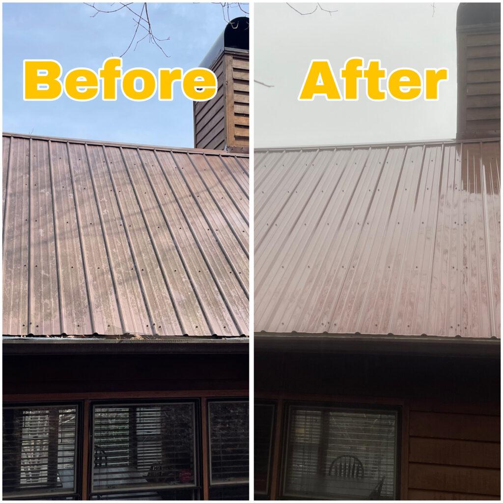 Soft wash roof cleaning in Knoxville TN on a red metal roof cabin — safely removing stains and oxidation