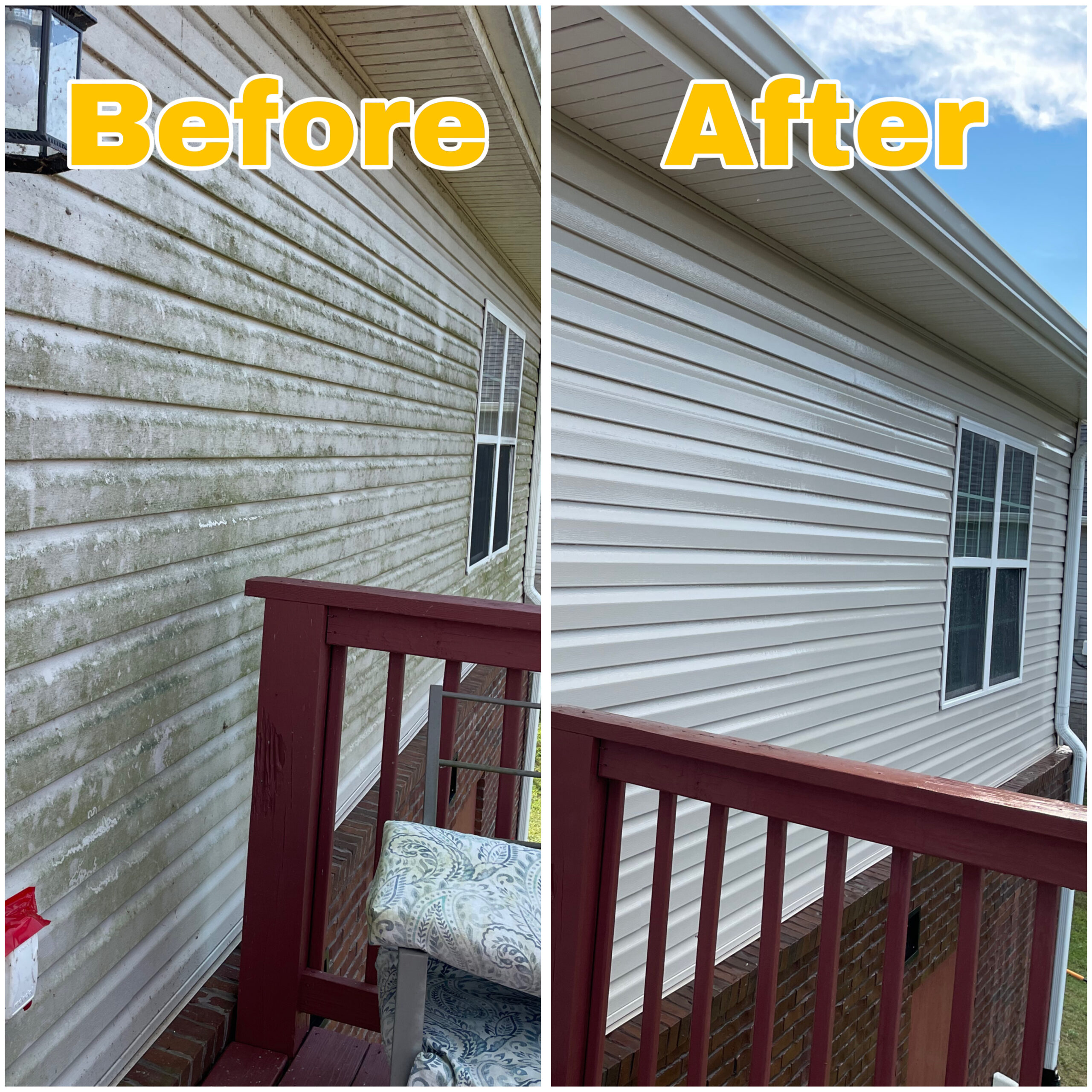 Soft wash cleaning of vinyl siding in Maryville to remove algae, stains, and dirt streaks