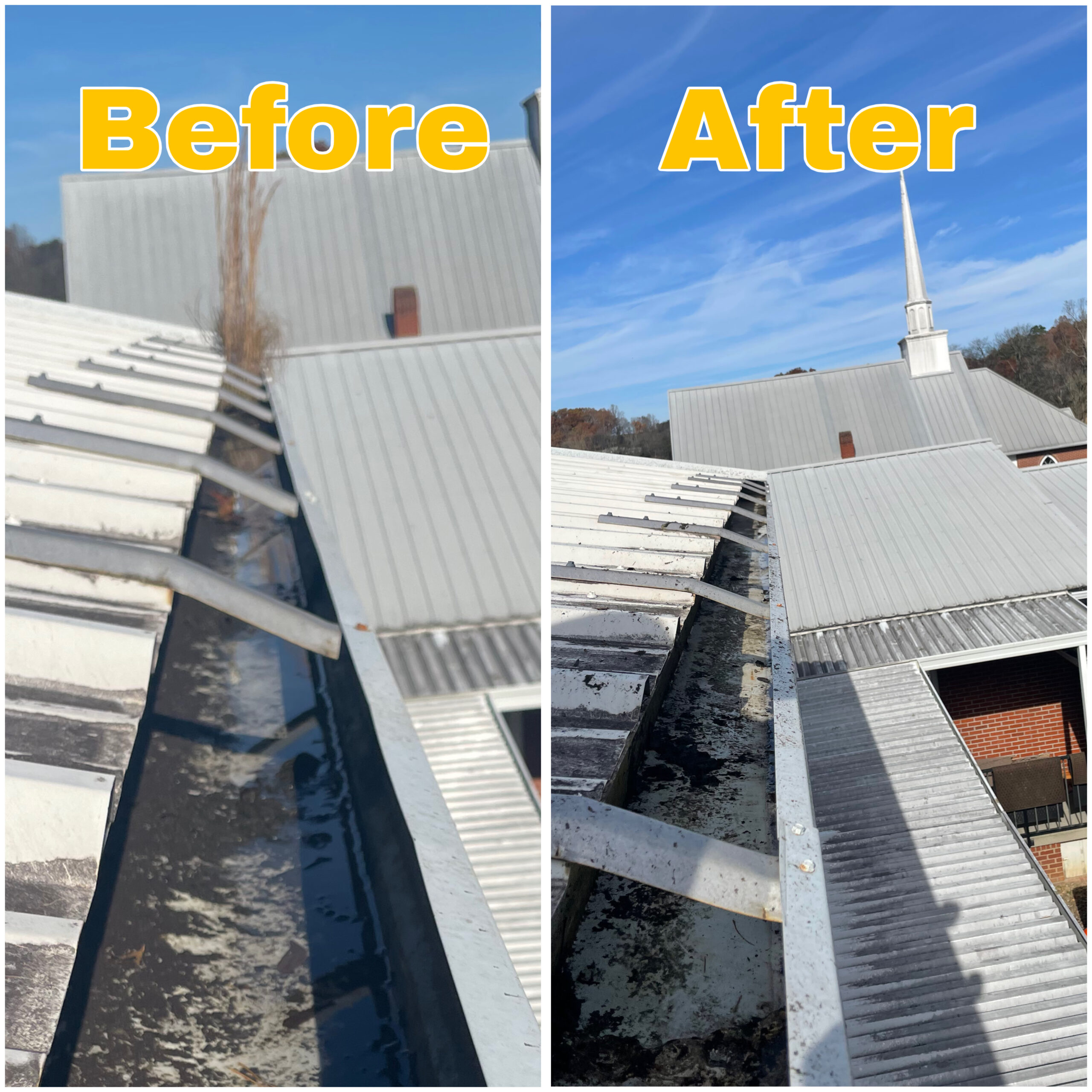 Before and after comparison of gutter cleaning on a large metal roofing system with accumulated dirt and leaves removed.