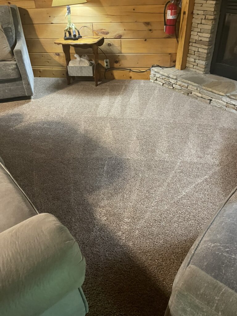 Vacation cabin carpet cleaning service using professional equipment to refresh carpets before new guests arrive.