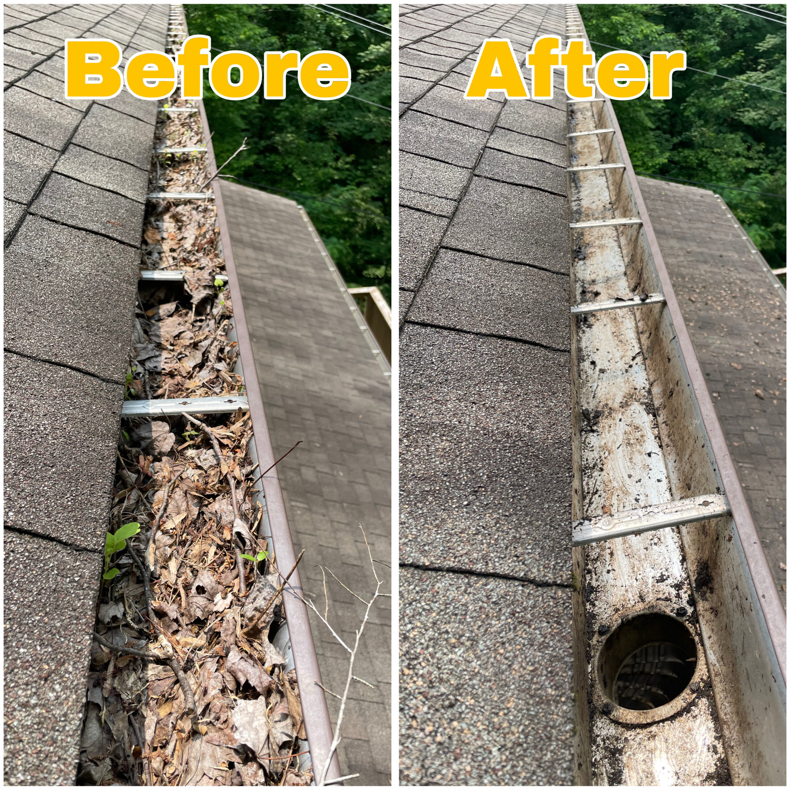 Before and after comparison of a clogged gutter versus a fully cleaned gutter with the downspout opening visible.