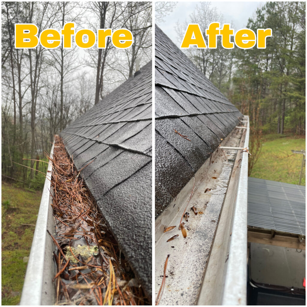 Before and after view of a shingle-roof gutter cleaned of compacted leaves and debris.