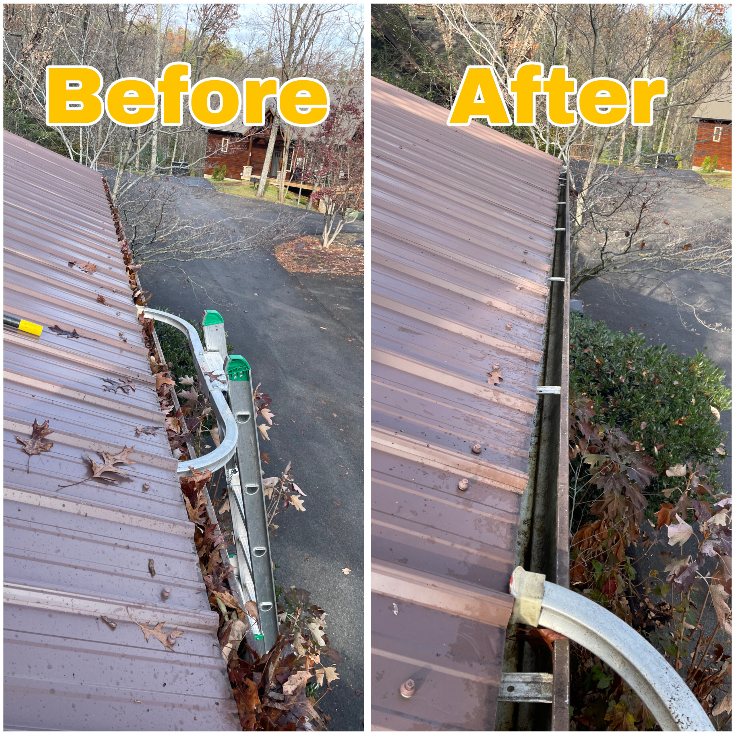 Before and after photo showing wet leaves and debris cleared from gutters along a metal roof valley.