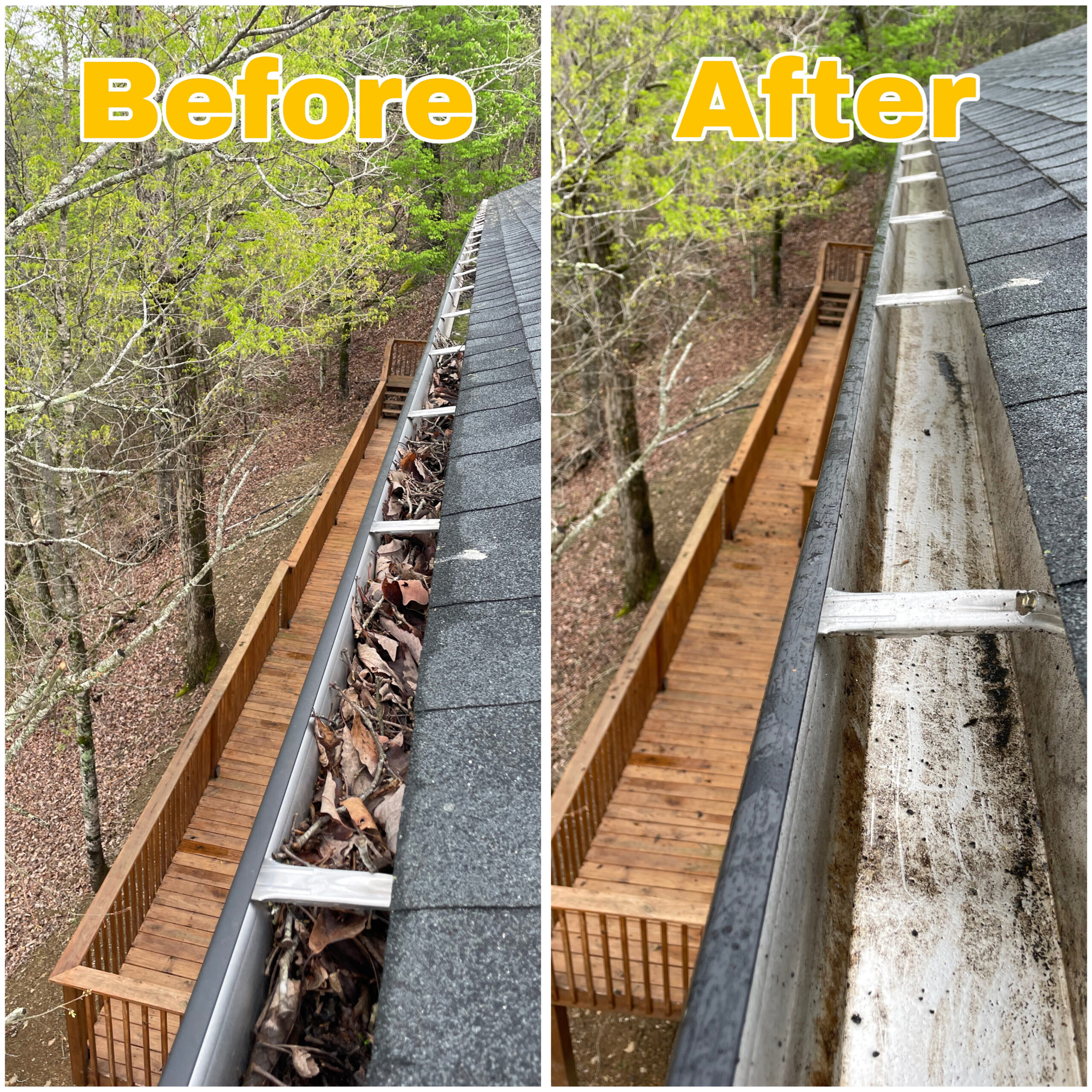 Before and after image showing a long gutter line cleaned along a sloped roof on a Maryville home.