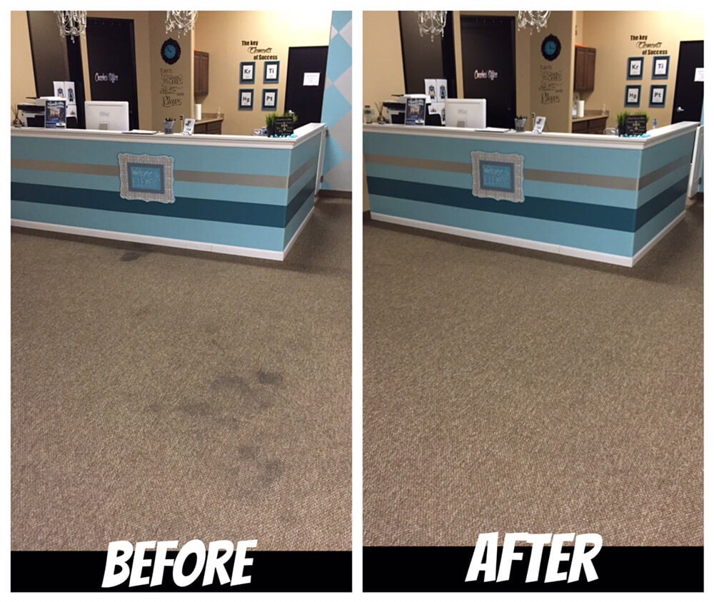 Commercial carpet cleaning in office building lobby using industrial extractor for fast-drying, high-traffic carpet maintenance.