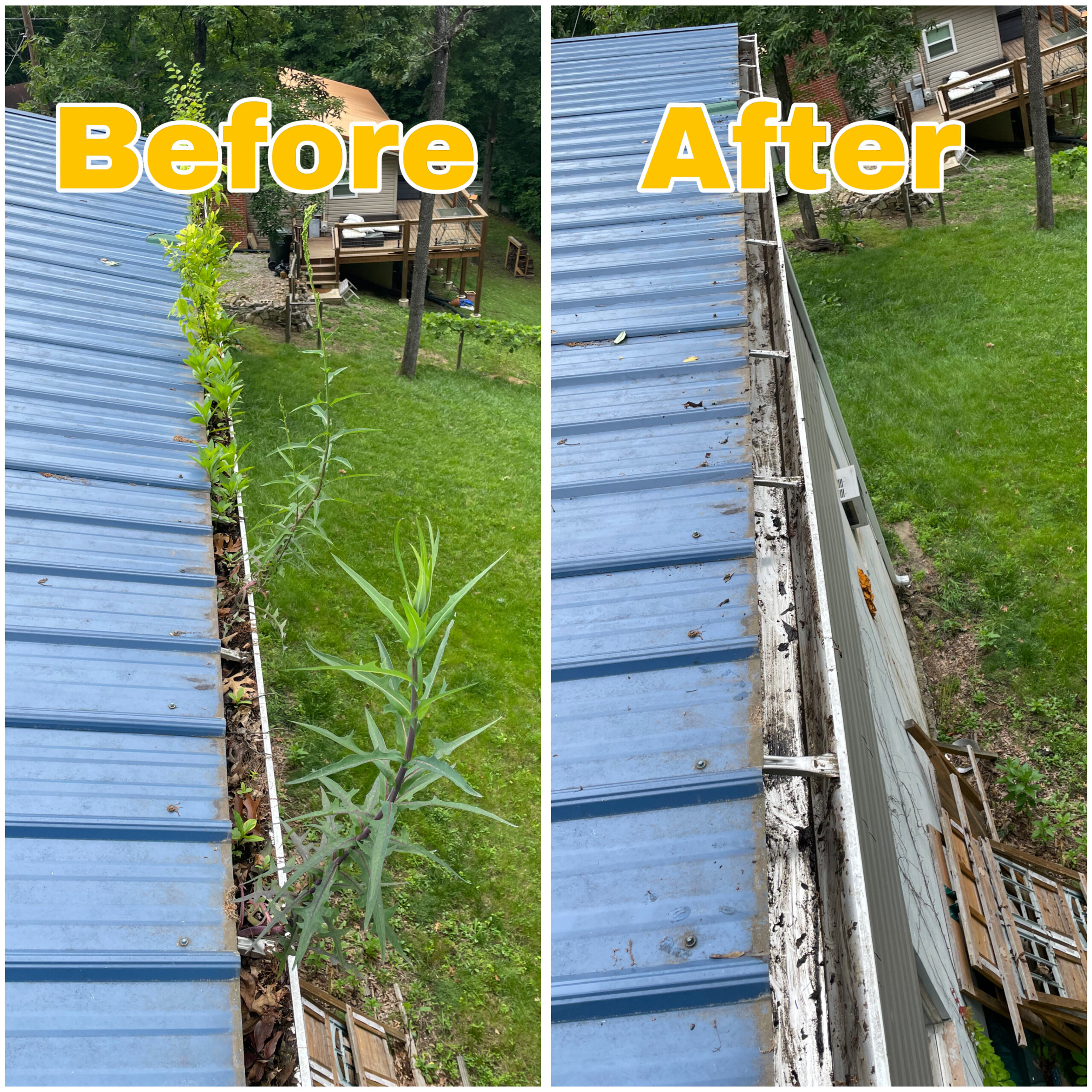 Before and after photo showing debris removed from gutters along a metal roof.