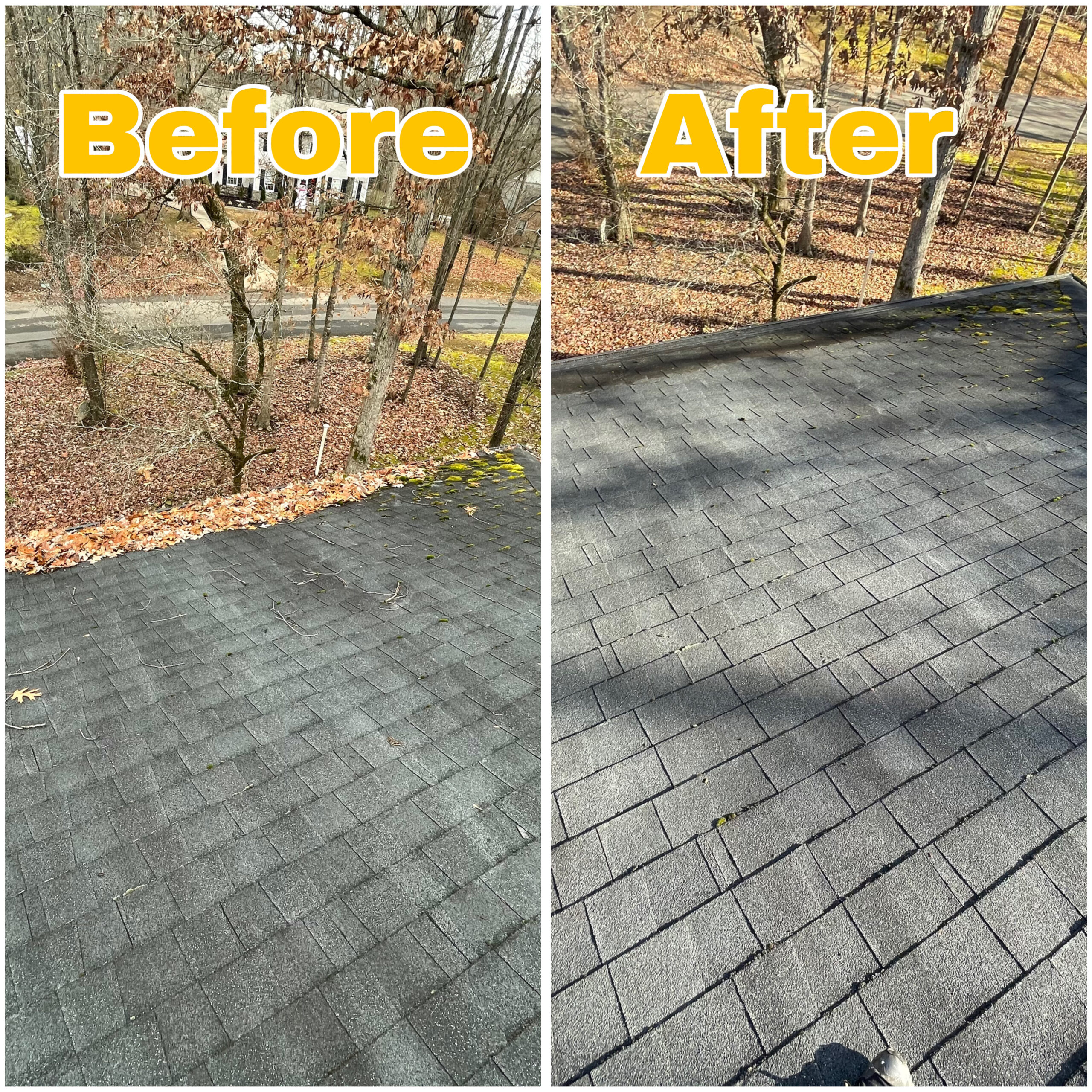 Before and after photo showing a long section of gutter cleared along a sloped shingle roof.