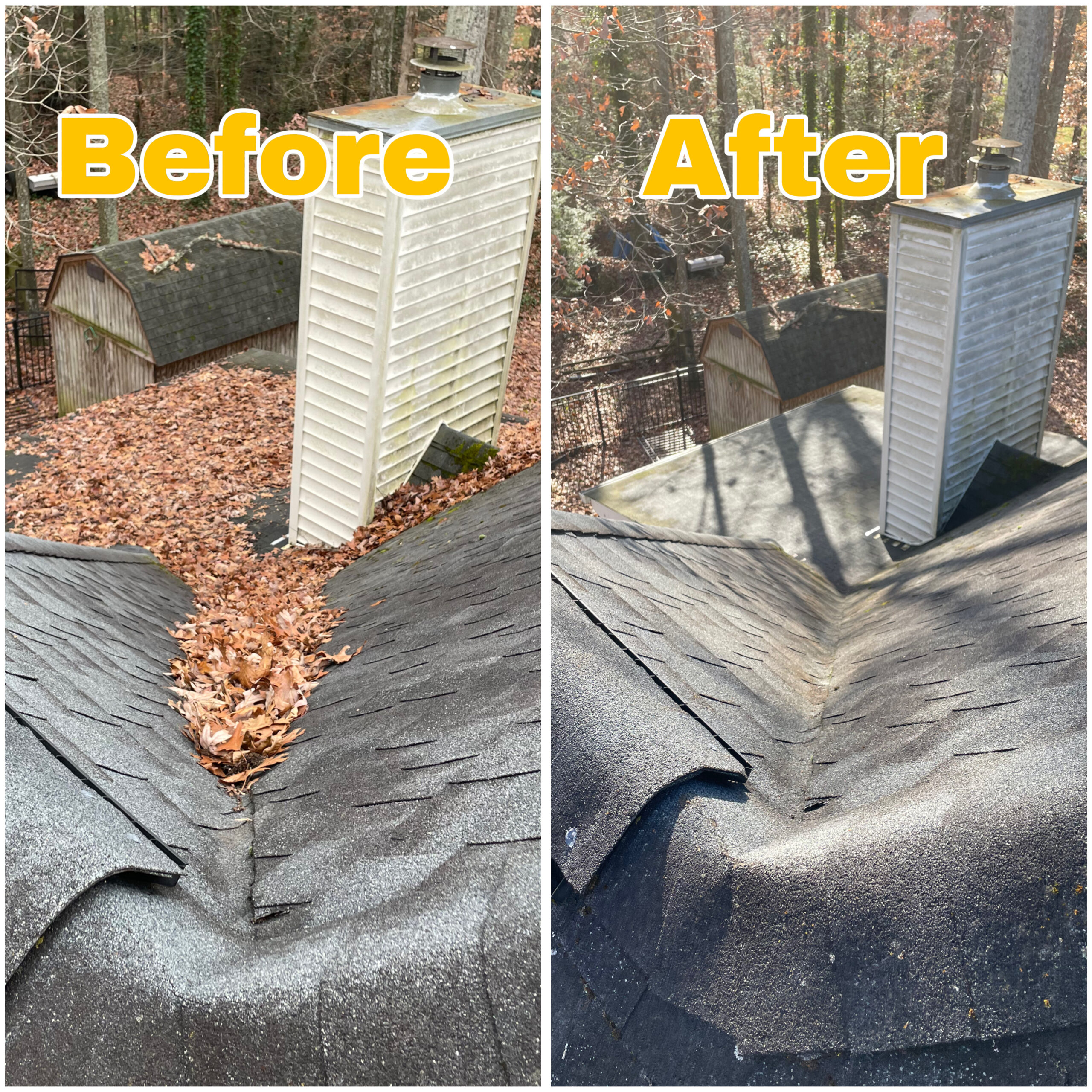 Before and after photo showing heavy leaf buildup removed from a roof valley on a Knoxville home.