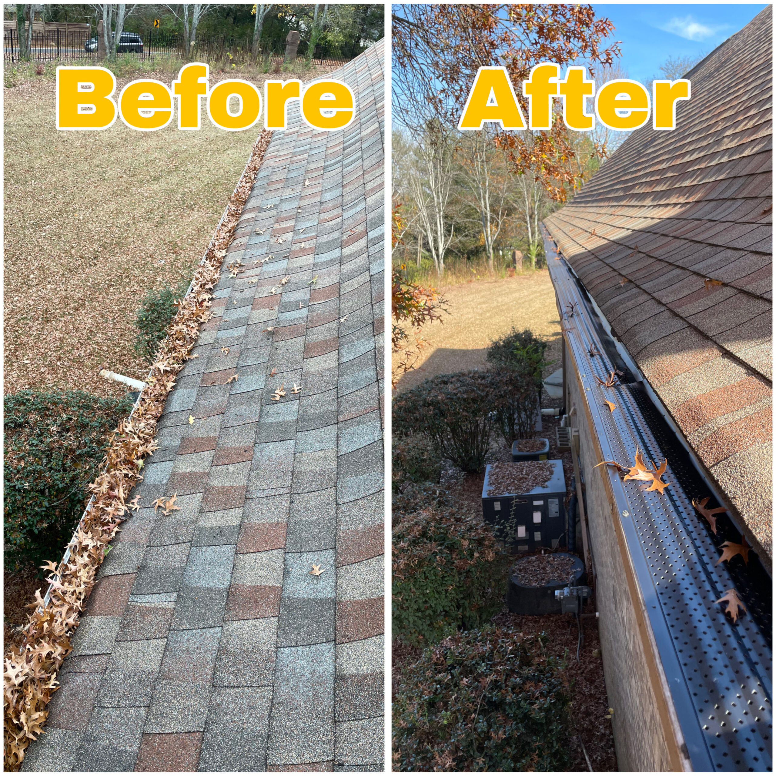 Before and after photo of a long shingle-roof gutter cleaned on a residential home in Maryville.