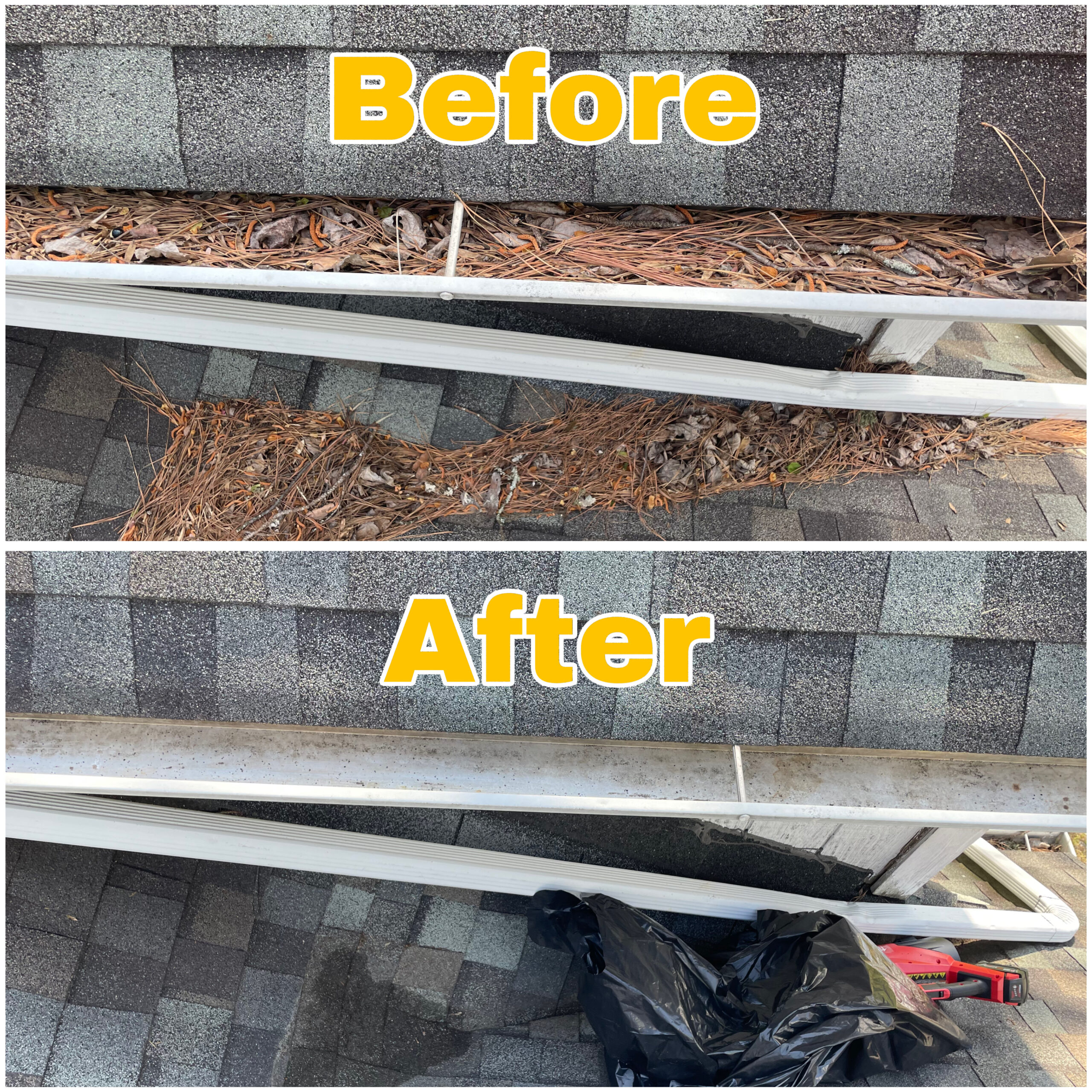 Before and after view of gutter cleaning Knoxville residents often need during heavy leaf season.