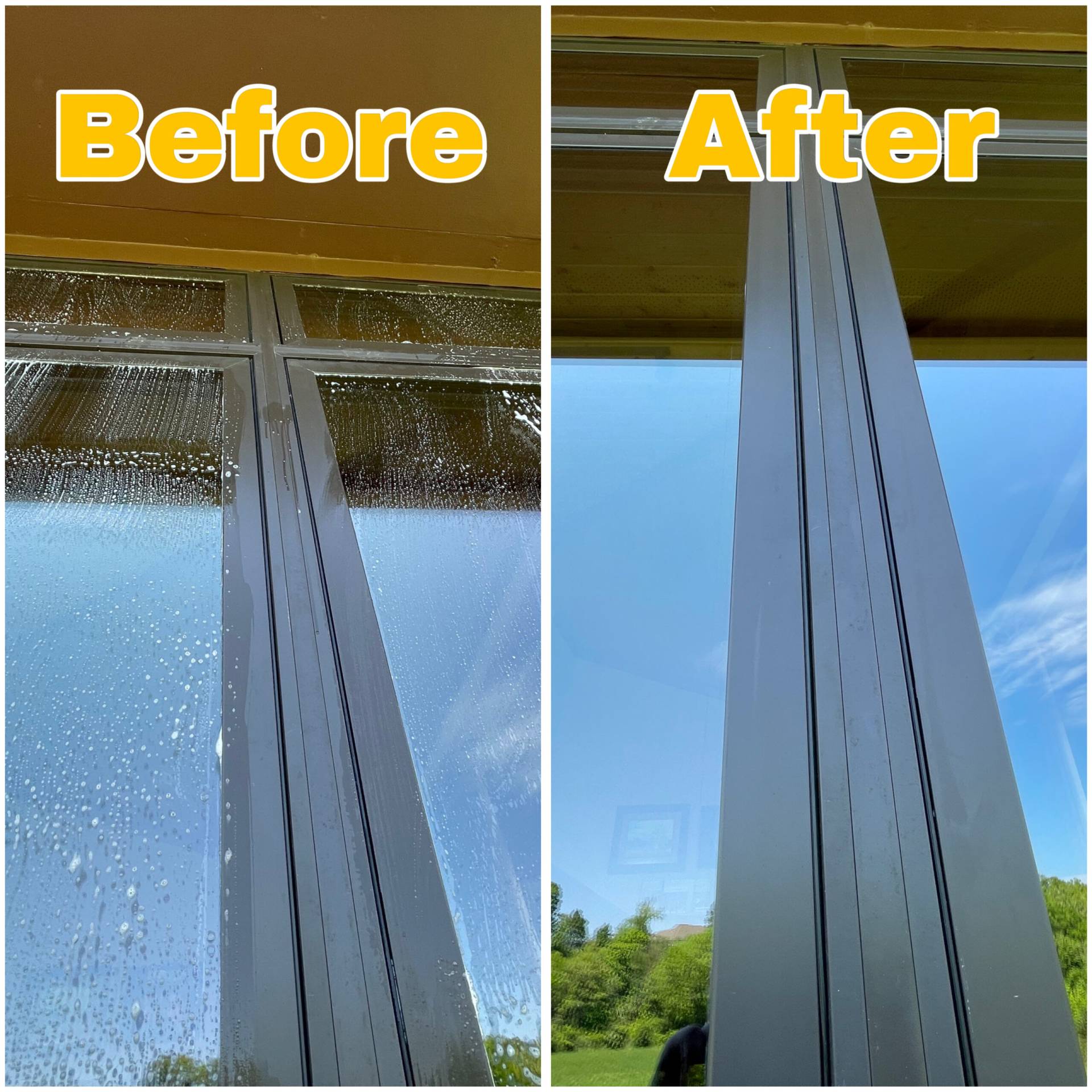 Before and after of foggy cabin windows cleaned to show sharp outdoor scenery in Gatlinburg.