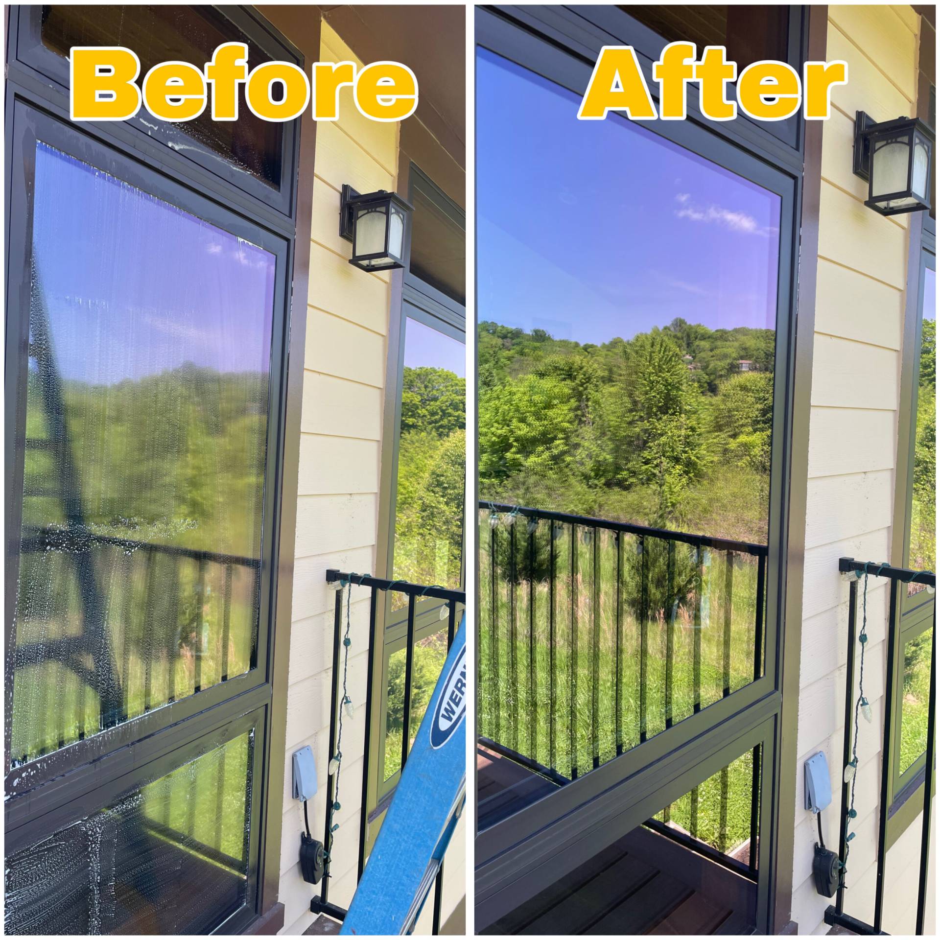 Close-up of streaked window glass cleaned to a spotless finish near Kodak, Tennessee.