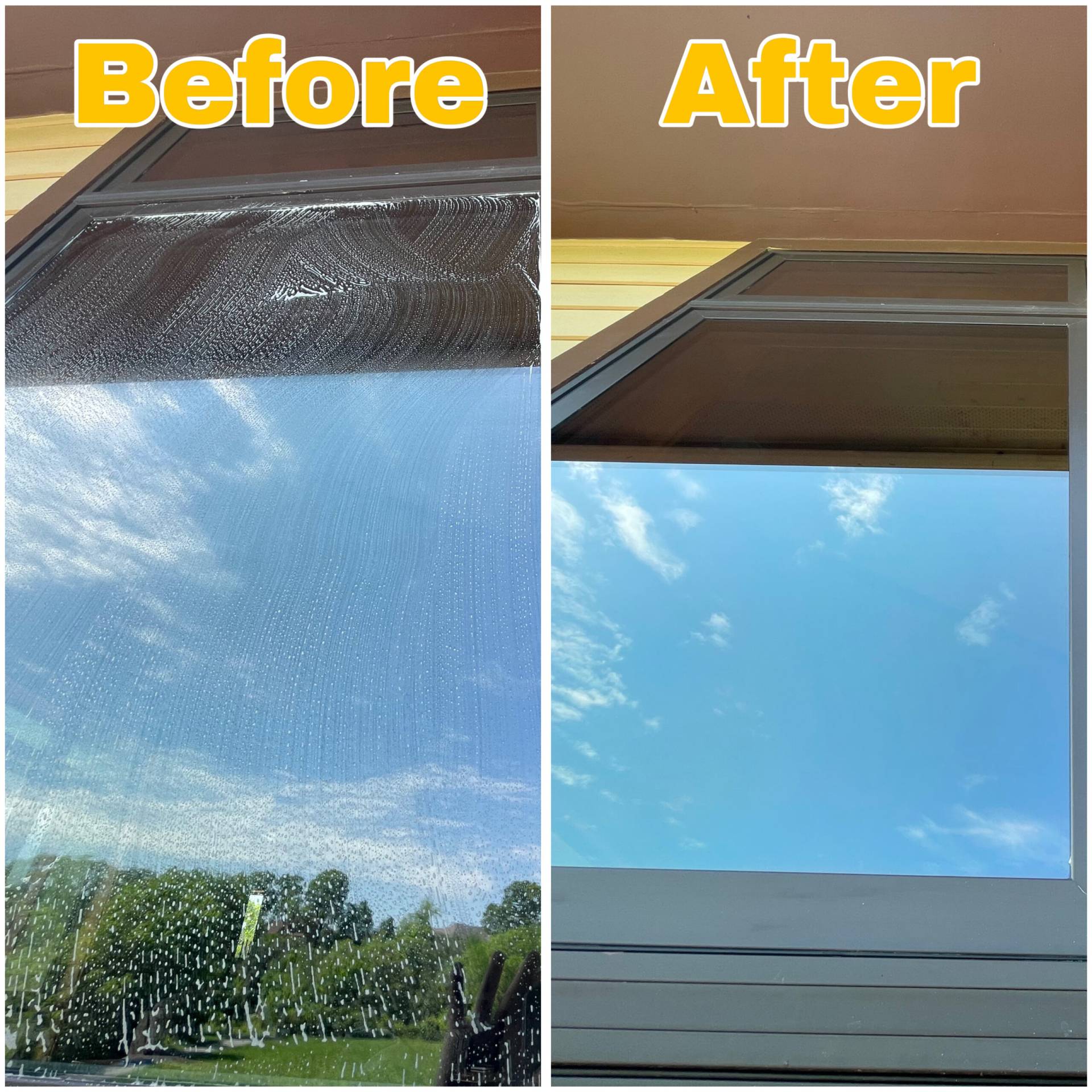 Side-by-side photo of cabin balcony window cleaning with dirt removed and mountain view revealed.