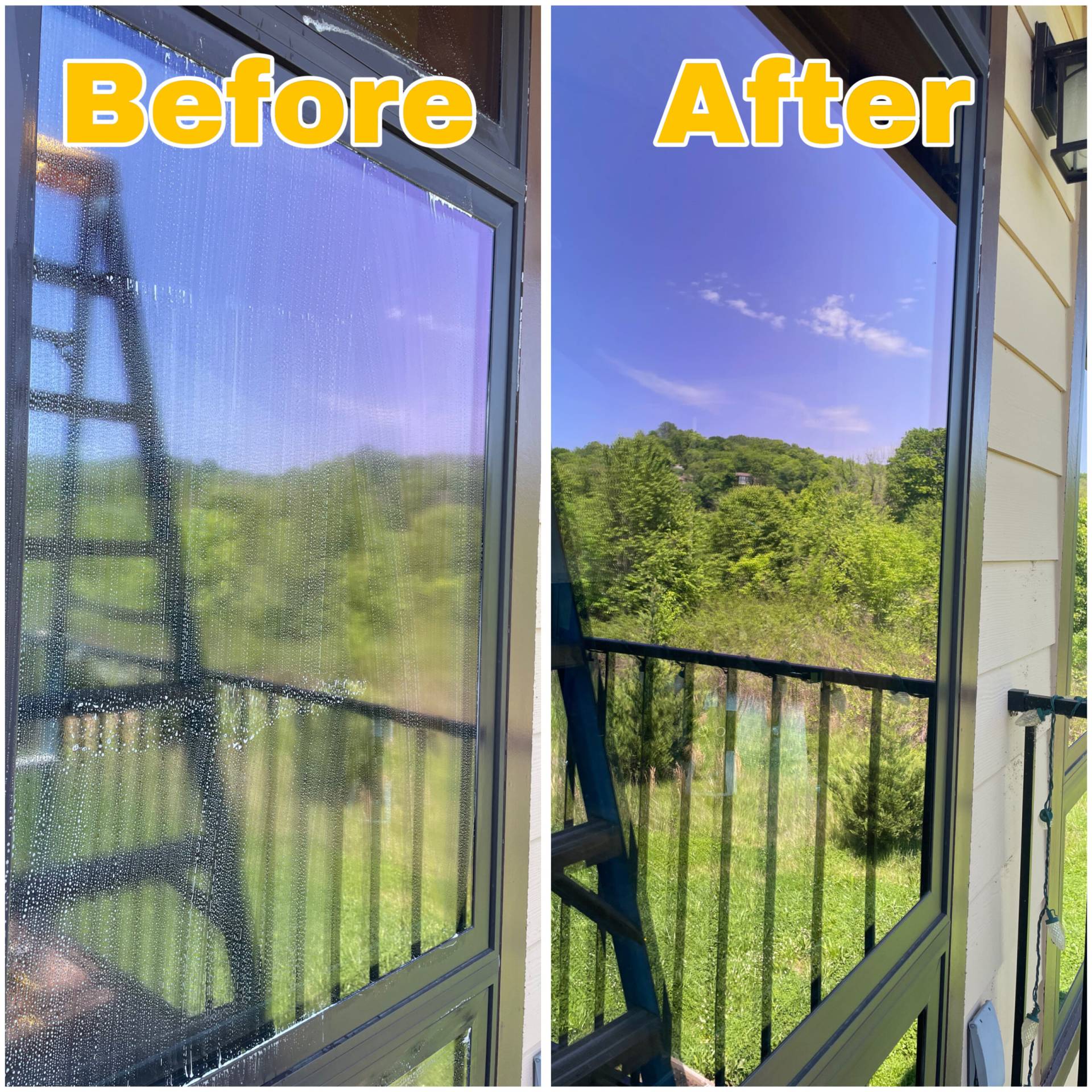 Cloudy residential windows transformed to clear glass after professional window cleaning service.